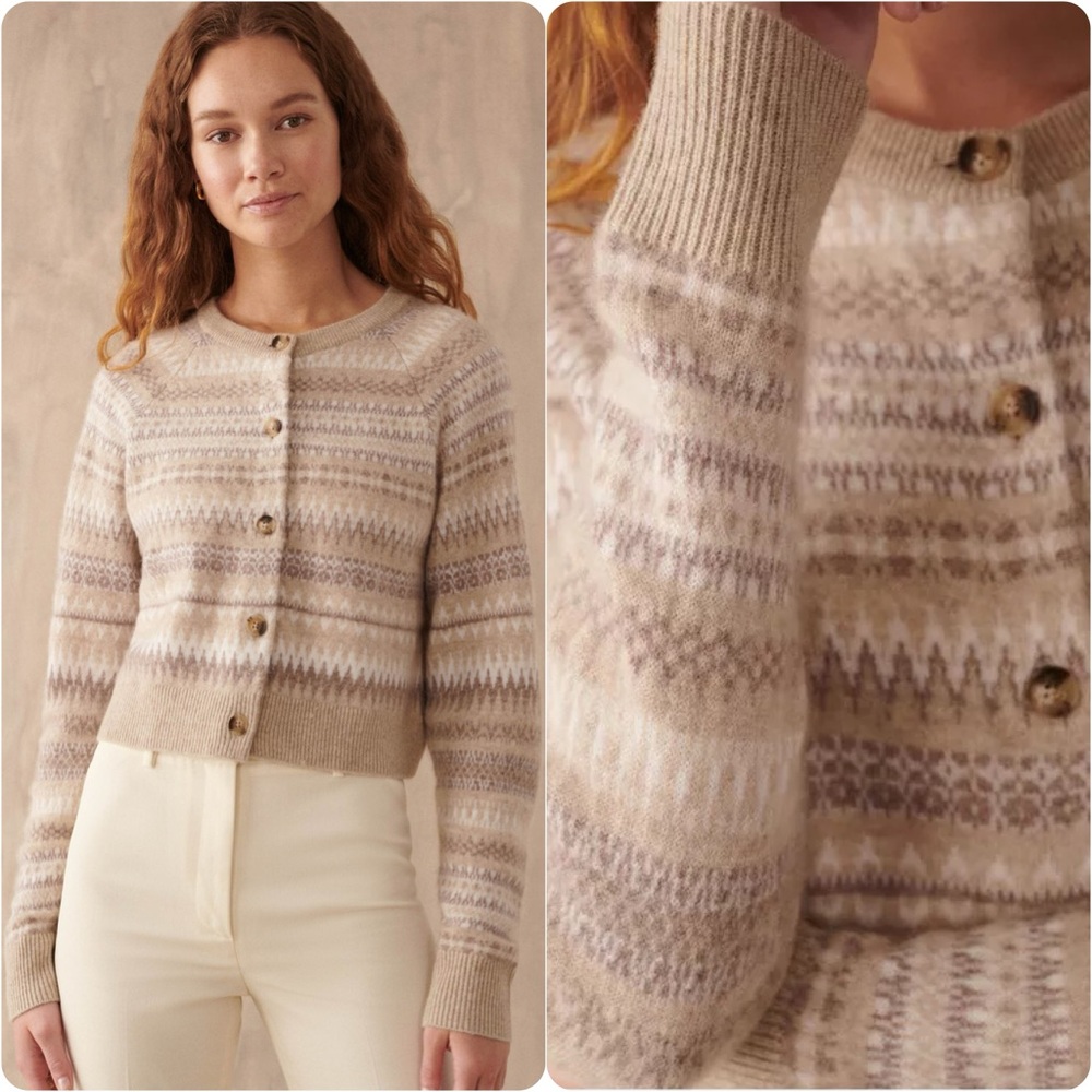EUC White + Warren Warm Neutral Cashmere Fair Isle Cardigan Sweater